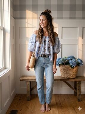 100% Cotton Light Blue Embroidered Off-Shoulder Blouse Large